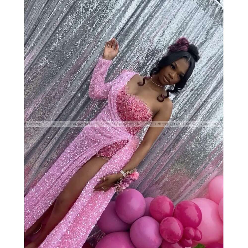 Prom Shinny Pink Dresses For Black Girls One Shoulder Thigh-High Slits Sequined Africa Matric Dance Party Gowns Homecoming Dress