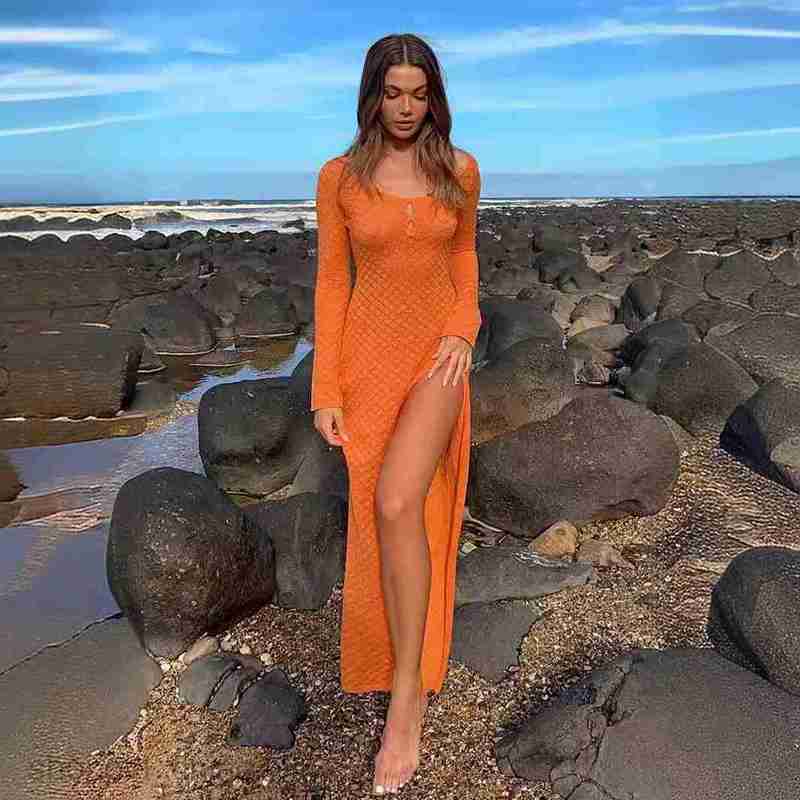 Basic Casual Women Dresses Summer vacation dress beach dress sexy long sleeved slit long dress hollowed out knitted cover up dress for women