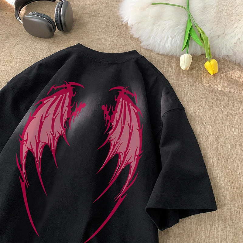 Angel Wings Printed T-shirt y2k Short Sleeve Letter Printing Tee 2024 Summer Street Style T Shirts Large Size Unisex Tshirt 240617
