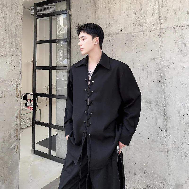 Men Strap Vintage Fashion Loose Casual Long Sleeve Shirts Male Japan Korean Net Celebrity Streetwear Shorts Blouses 240615