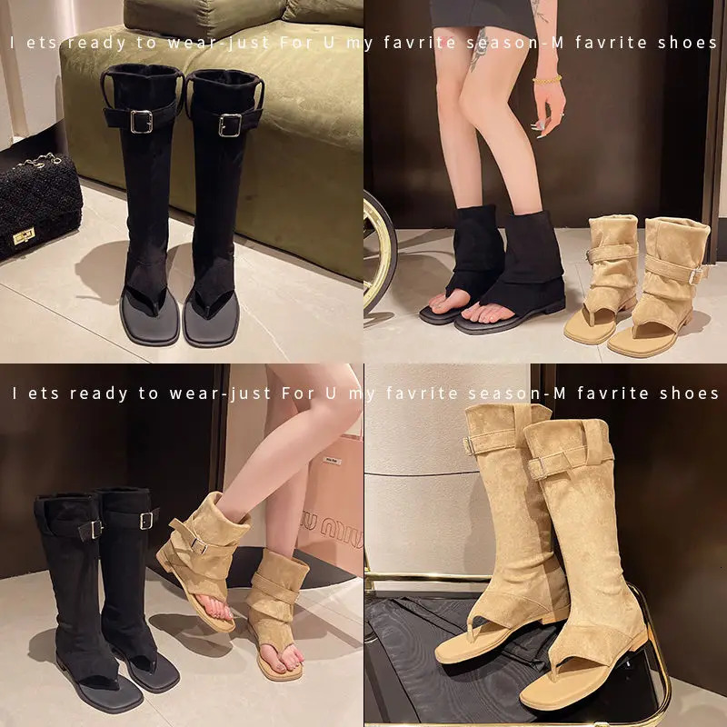 Summer Khaki Cowboy Boots Sexy Spice Chic Boho Boots Women Sandals Flip-flops Toe Suede Leather Pleated Womens Cool Boots 240618