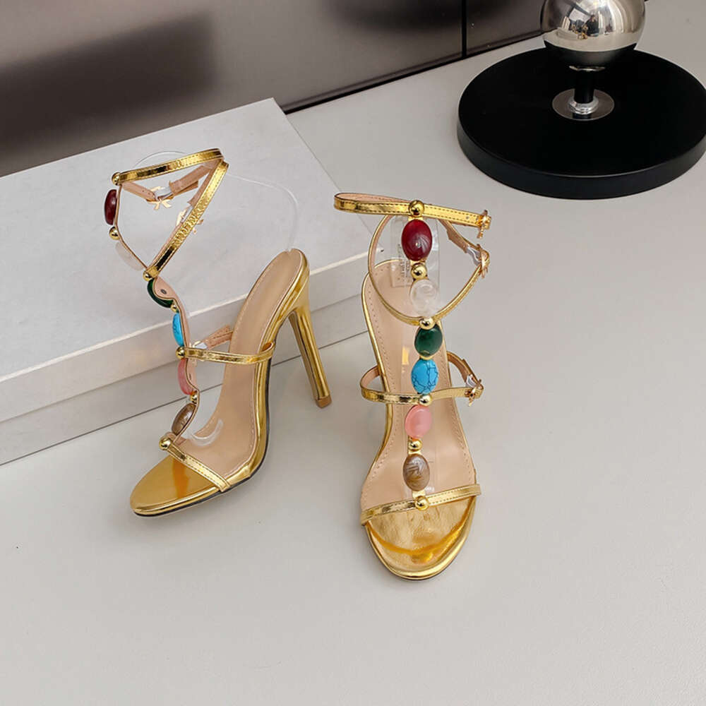 Fashion Summer Colored Gemstone Narrow Band Women Elegant Stiletto High Heels Gladiator Sandals Female Party Prom Shoes