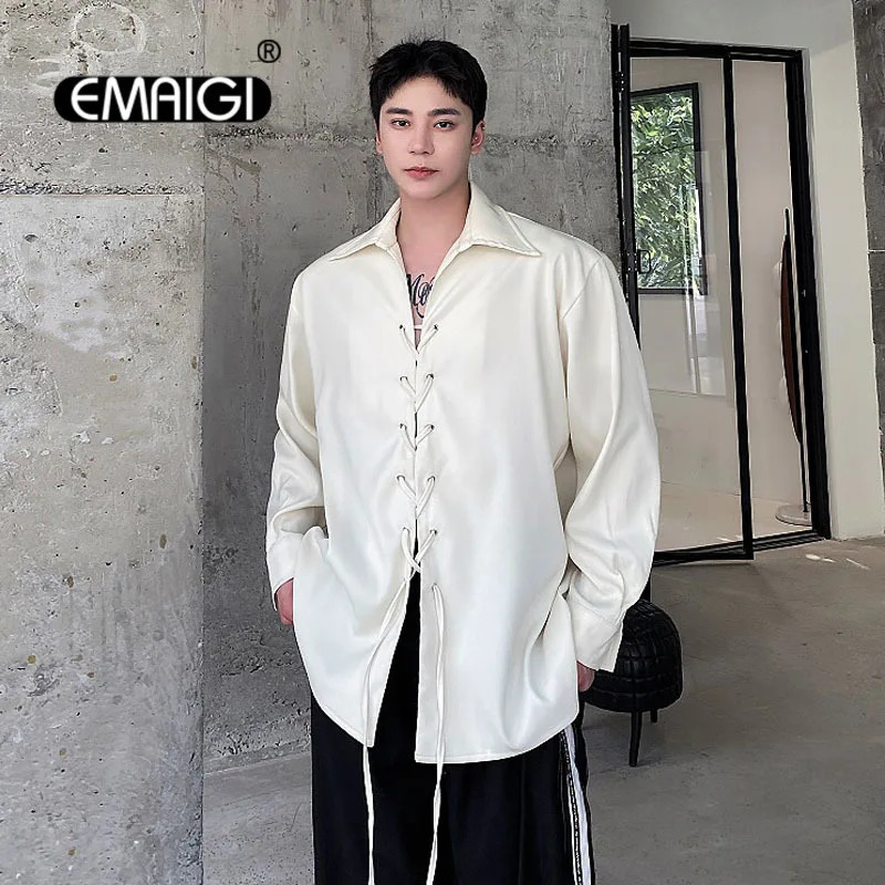Men Strap Vintage Fashion Loose Casual Long Sleeve Shirts Male Japan Korean Net Celebrity Streetwear Shorts Blouses 240615