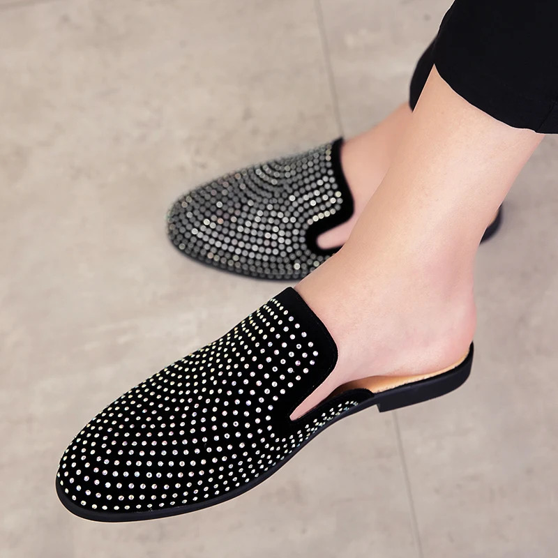 Glitter Rhinestone Leather Shoes Men Outerwear Half Mules Casual Slides Slippers Sandals Male Fashion Mocassins 240618