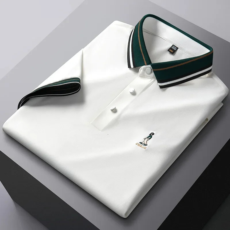 Summer Ice Silk Cooling Short Sleeve Polo Shirt For Men Solid Color Embroidery High Elasticity No Ironing Anti-wrinkle 240617