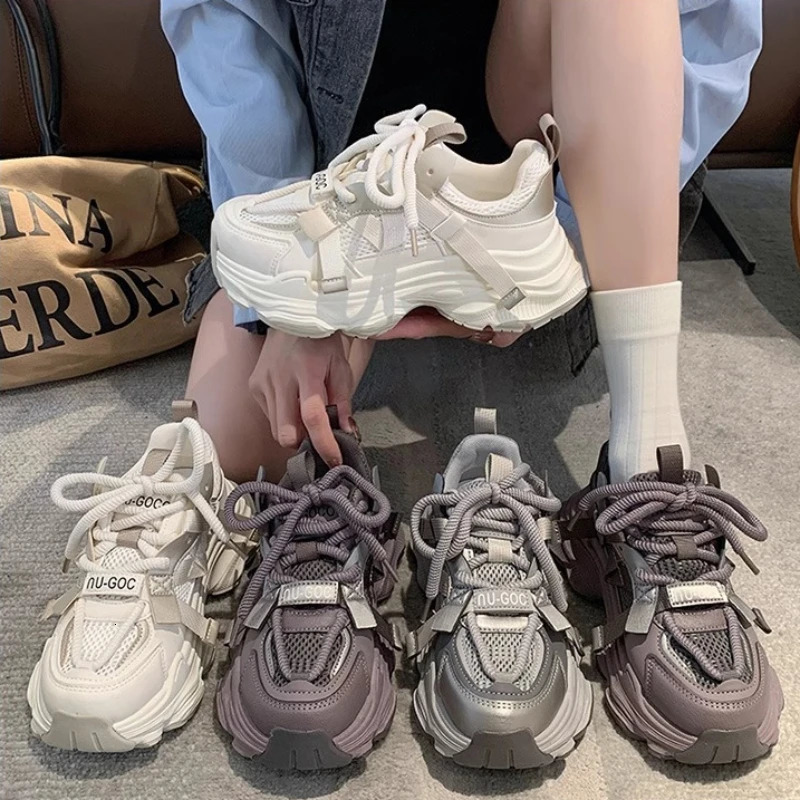 Womens Chunky Sneakers Spring Breathable Mesh Platform Sports Woman Fashion Lace Up Thick Sole Casual Shoes Mujer 240618