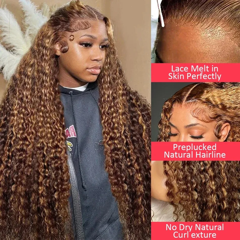 Brazilian 30 Inch Highlight Ombre Frontal Wig Deep Wave Human Hair 4/27 Colored 13X4 Lace Closure Wigs Synthetic For Women