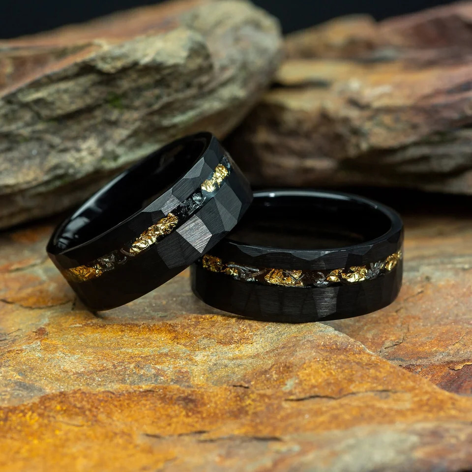 8mm Meteorite Gold Leaf Black Tungsten Carbide Rings For Men Wedding Engagement Band 240618