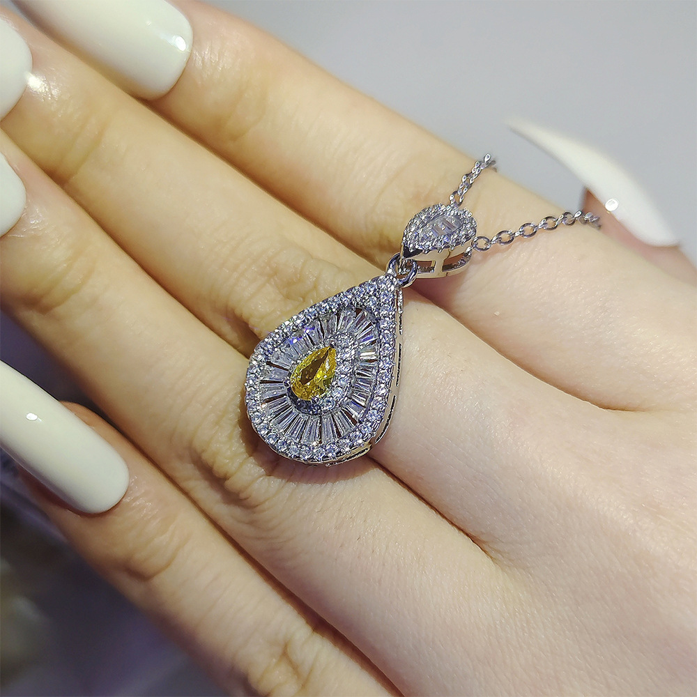 Water Drop Pendant Necklace: Sterg Sier, Yellow Topaz CZ, Eternity Women Jewelry