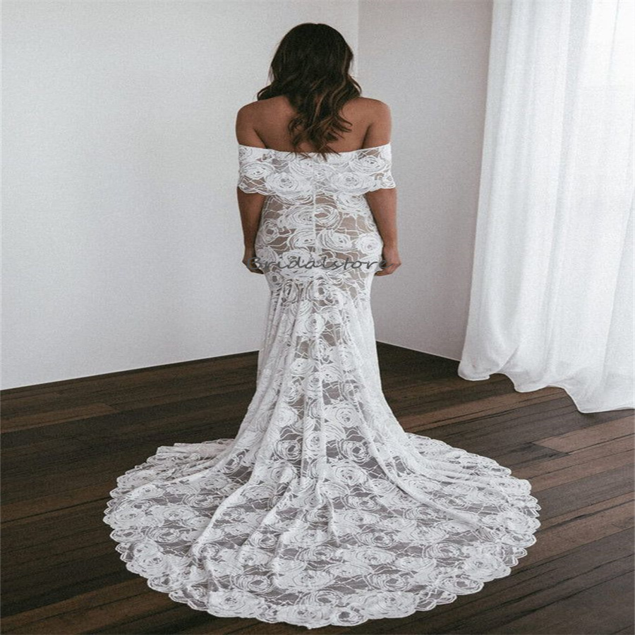 Lace Rustic Boho Wedding Dresses 2024 Off Shoulders Mermaid Bohemian Bridal Dress Sweep Train Grecian Country Beach Bride Dress fulllace vestido de no