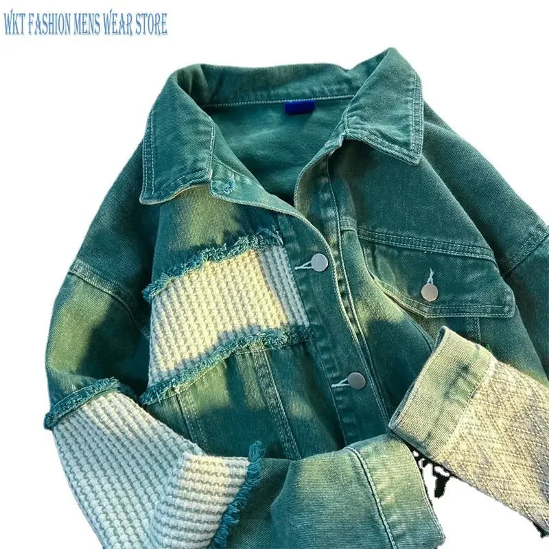 Hole splicing denim jacket Mens and womens clothing Spring and Autumn High Street fashion trend Retro Loose Coat leisure tops 240617