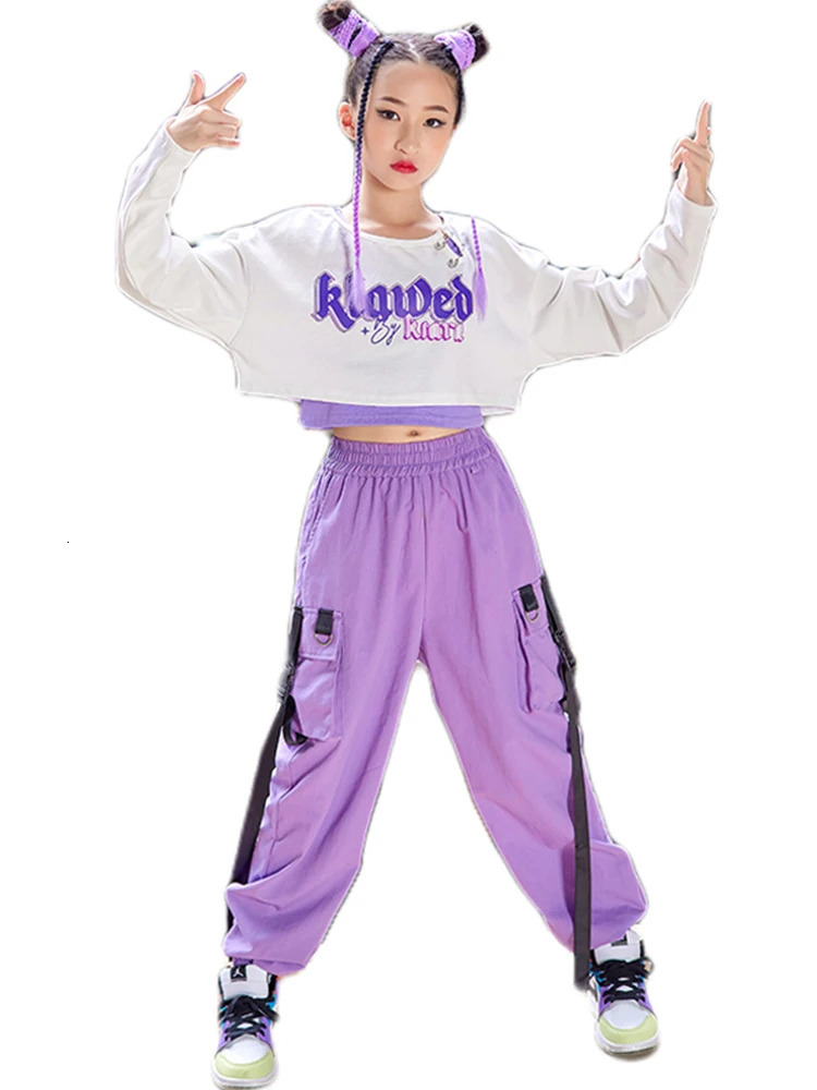 Jazz Dance Costume Kids Hip Hop Clothes Girls White Crop Tops Purple Cargo Pants Long Sleeved K-pop Concert Show Wear BL9259 240618