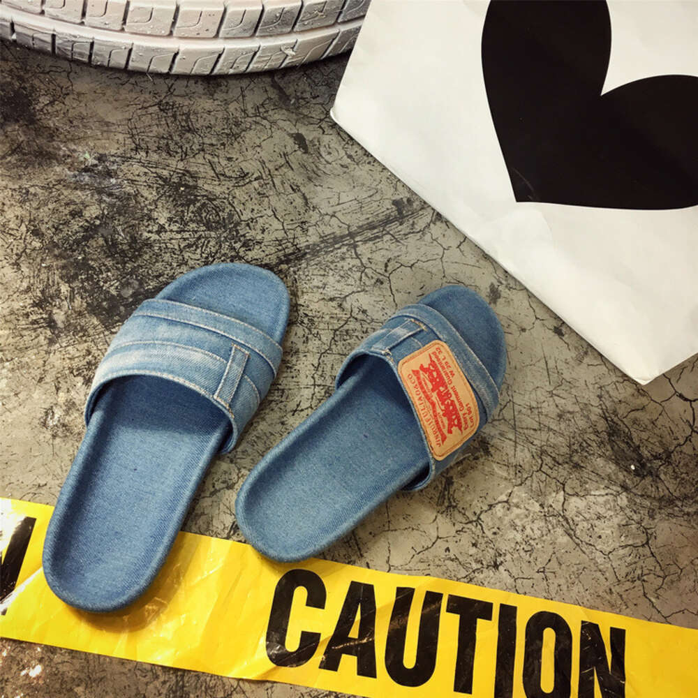Denim Flat-soled Summer New Shoes One-figure Fashion Wear Sandals Canvas Jeans Slippers Women