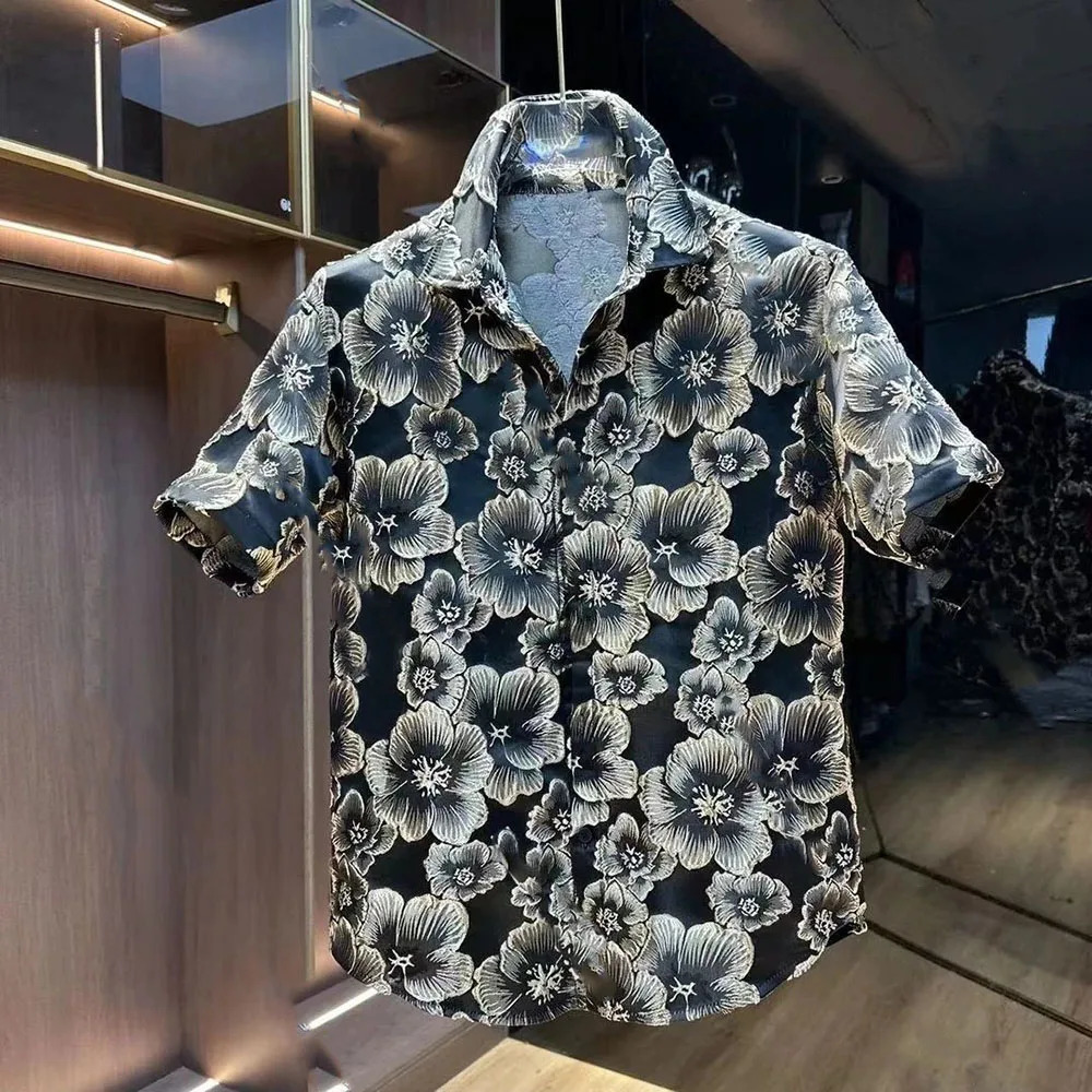 Ethnic Style Emed Bronzing Flower Short-sleeved Shorts Two-piece Set Mens Summer Handsome Loose Black Gold Shirt Suit 240617 Free shipping