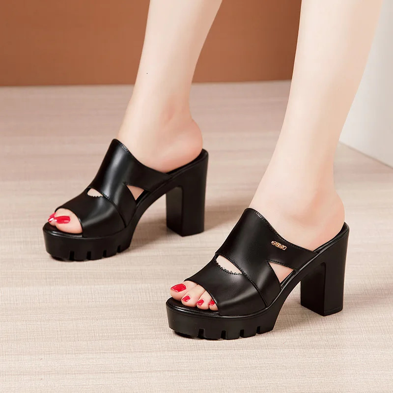10cm Small Size 32-43 Soft Leather Slippers Womens Block High Heels Slides Thick Bottom Platform Sandals for Office Model 240618