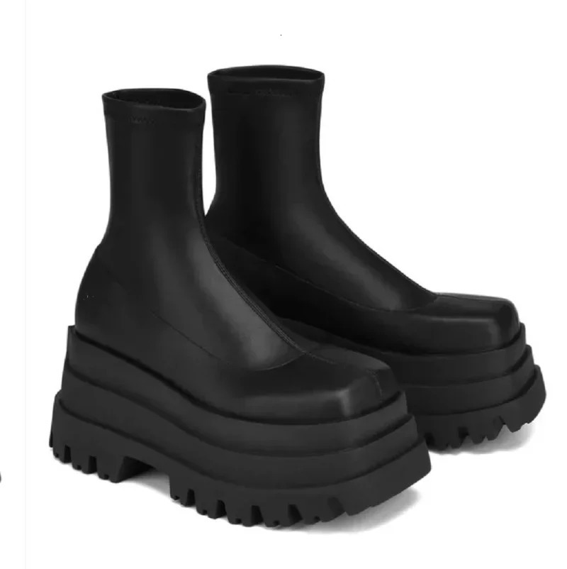 Martin Thick Sole Slope Heel Square Head Casual Elastic Fashion Short Boots Anti Slip Women Shoes 240618