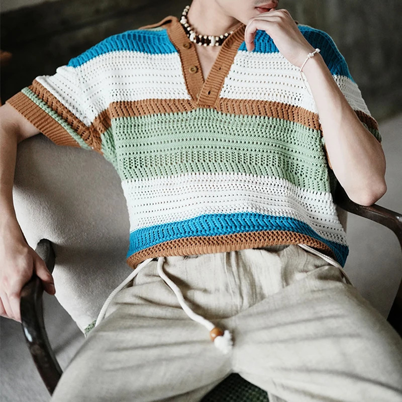 Streetwear Mens Knit Polo Shirts 2024 Summer Fashion Patchwork Hollow Out Knitted Tops For Men Short Sleeve Breathable Polos 240617