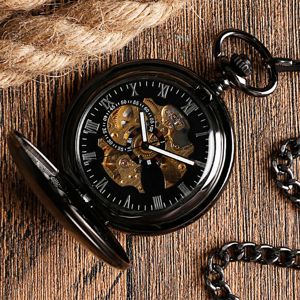 Polishing Smooth Silver/Black/Bronze Self Winding Mechanical Pocket Watch Hollow Circle Cover Retro Automatic Pendant Timepiece 240617