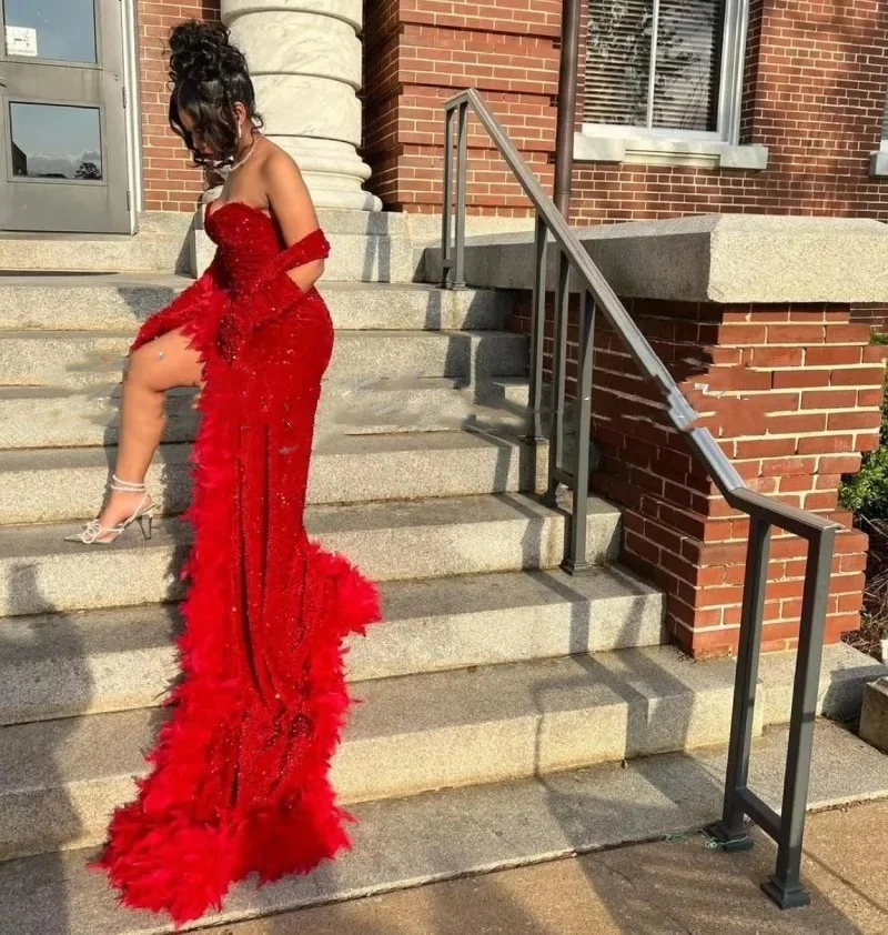 Sexy Red Feathers Prom Dresses Front Slit Glitter Sequined Evening Dress Black Girl Sweetheart Mermaid Party Gown Sequin Long Vestidos De Fiesta 2024