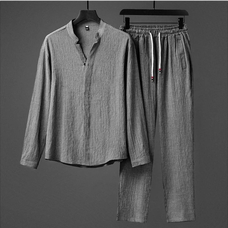 Mens Chinese Style Tang Suit Long-sleeved T-shirt pant Breathable V-neck Shirt Two-piece Autumn Casual Sports Suit 240617