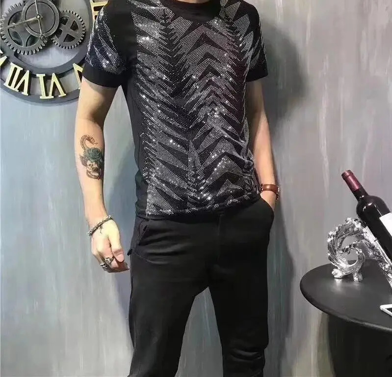 S-6X Hot drill t-shirt European style Rhinestones mens short sleeve top quality man heavy industry T-shirt 240618