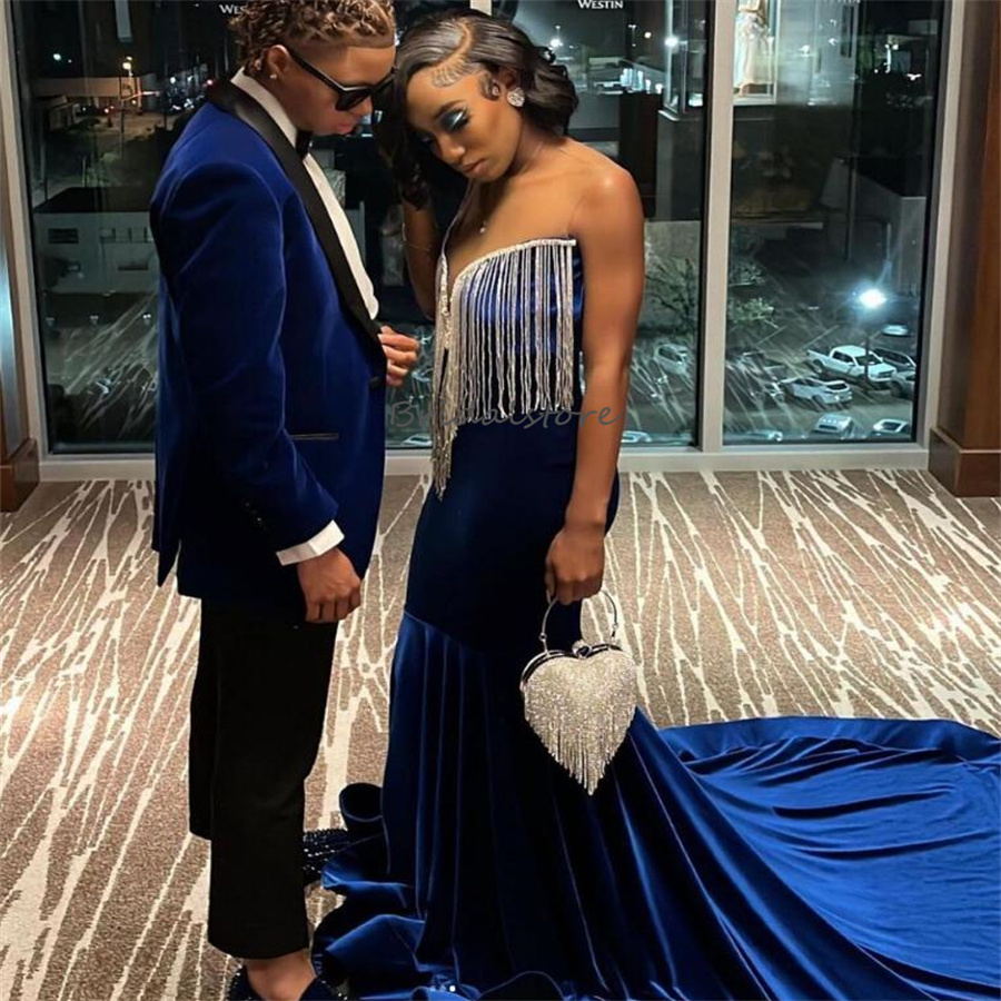 Gorgeous Nigeria African Prom Dresses With Tassel Luxury Mermaid Velvet Black Women Evening Gowns 2024 Open Back Birthday Party Special Occasion Dance