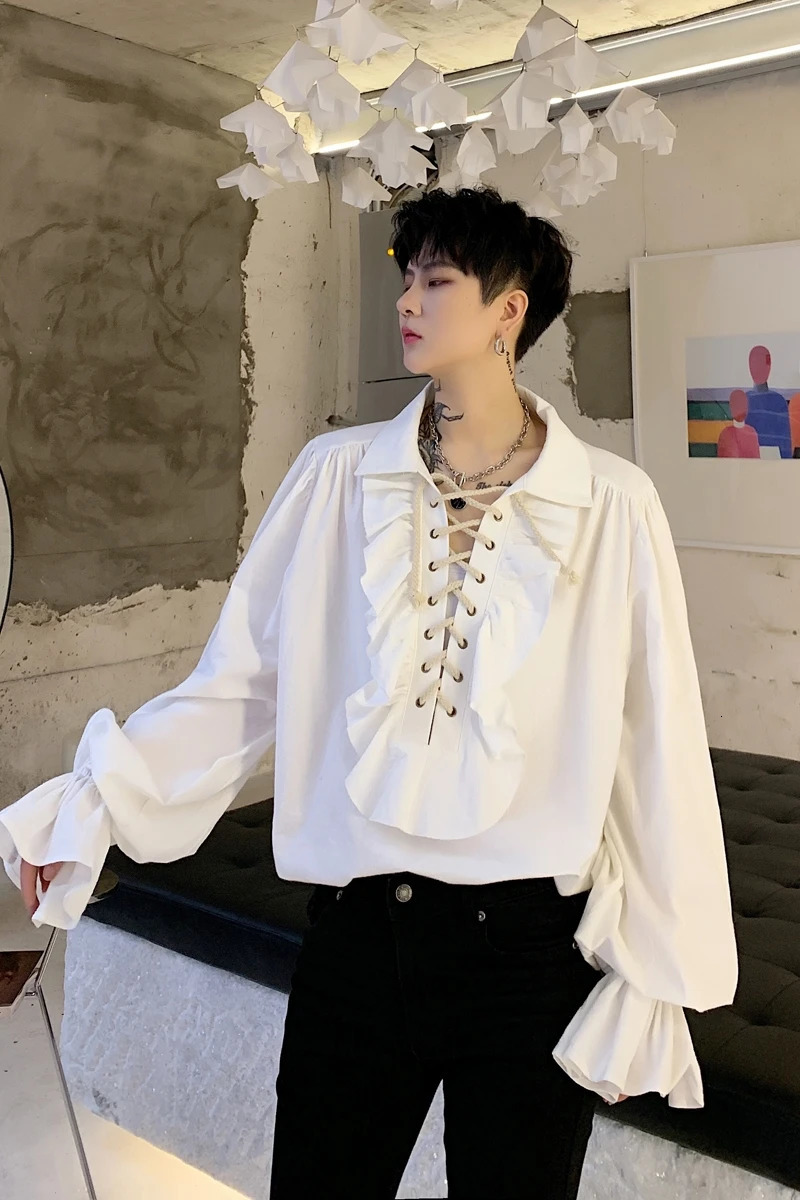Men Victorian Medieval Dark Knight Blouse Lace Up Ruffles Drawstring Winter Lace Up Shirt Banquet Party Gothic Cotton Top 240615