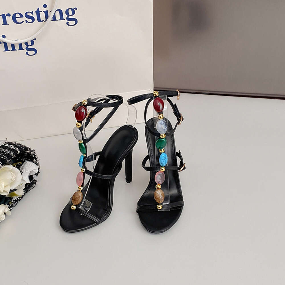 Fashion Summer Colored Gemstone Narrow Band Women Elegant Stiletto High Heels Gladiator Sandals Female Party Prom Shoes