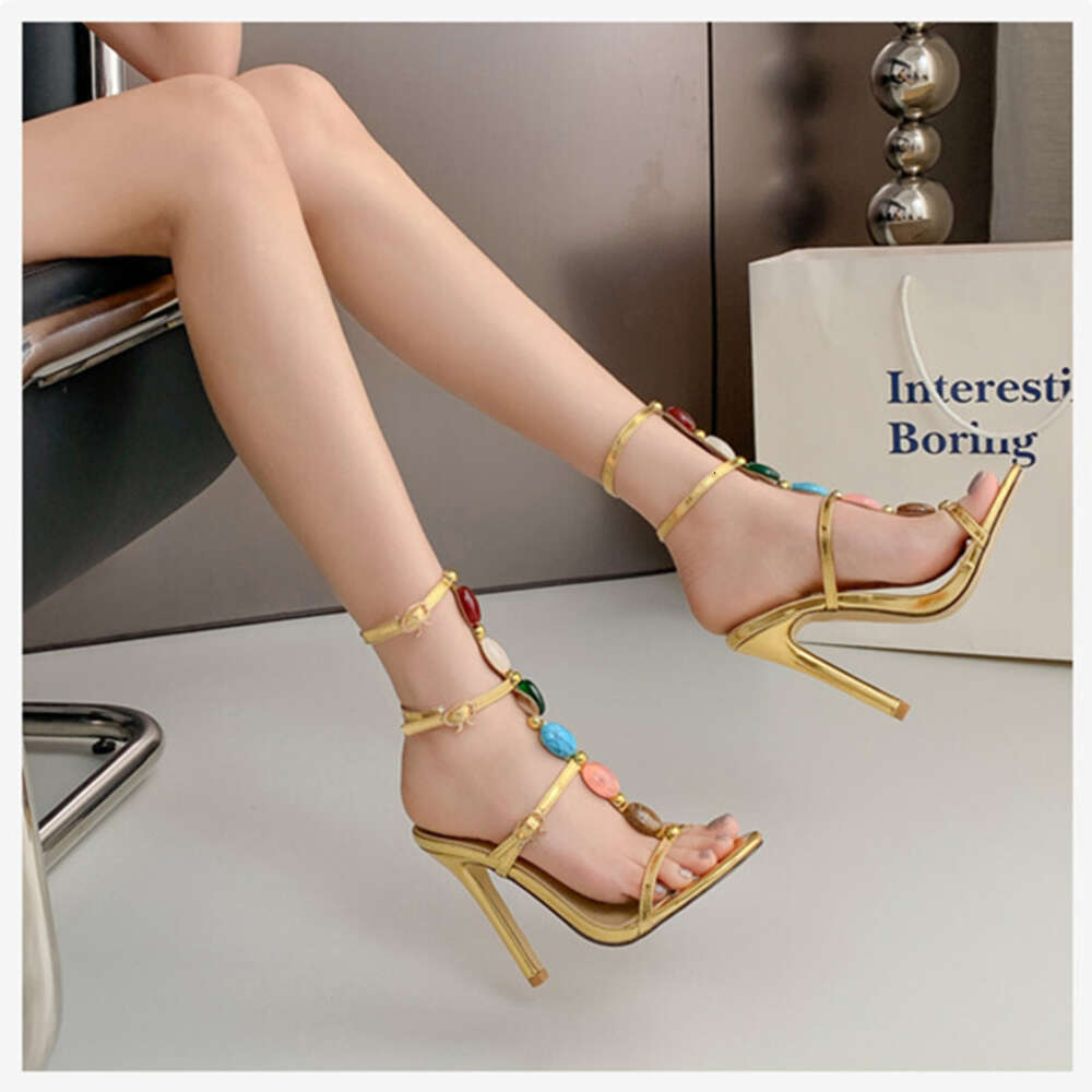 Fashion Summer Colored Gemstone Narrow Band Women Elegant Stiletto High Heels Gladiator Sandals Female Party Prom Shoes