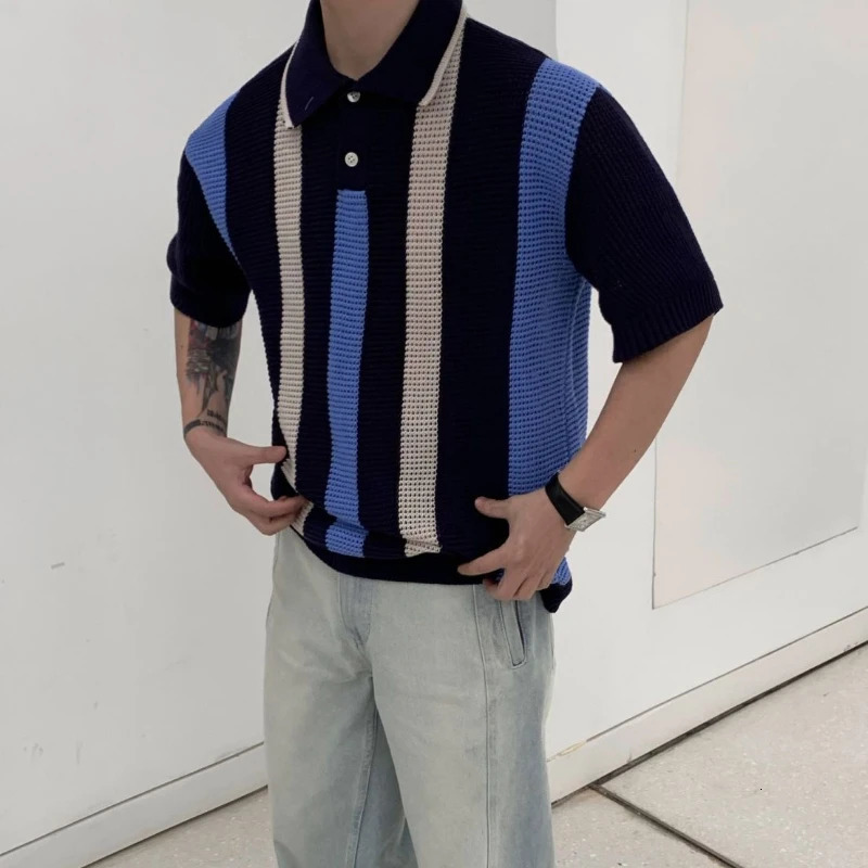 Spring Summer Breathable Hollow Vertical Stripe Color-blocked Knitted Polo Shirt Men Loose Casual High Street Personality Tops 240617