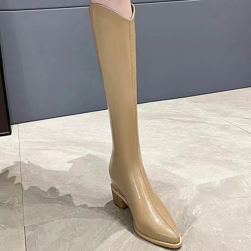 Middle Ladies Boots Heel Western Shoes for Women Pointed Toe Footwear Winter Knee High Shaft Punk Long with Y2k Pu