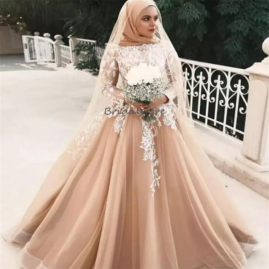 Vintage Champagne Muslim Wedding Dresses 2024 Elegant A Line Long Sleeve White Lace Church Bridal Dress Arabic Dubai Bride Gowns Islamic Vestio De Nov