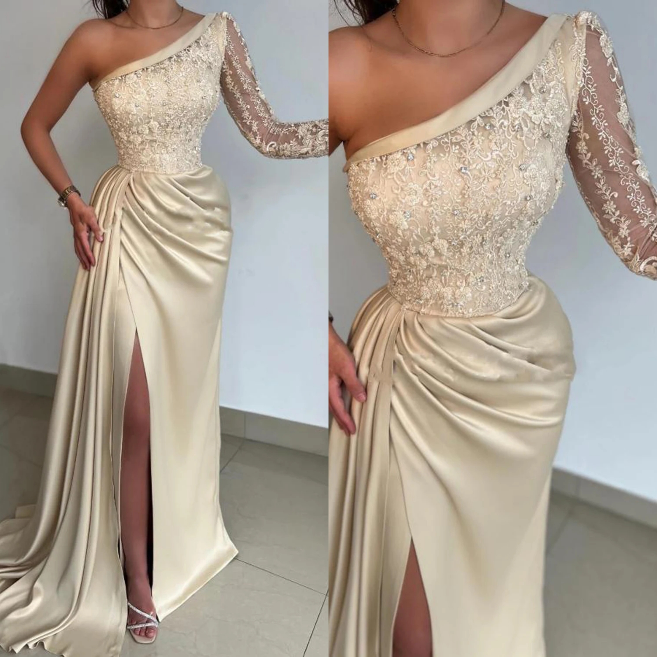 Vintage Mermaid Evening Dresses One Shoulder Long Sleeves Gown Appliques Beaded Split Side Sweep Train Prom Party Dress Custom Made