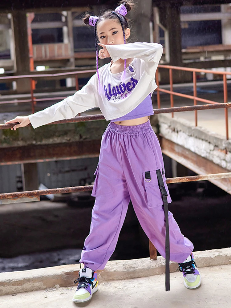 Jazz Dance Costume Kids Hip Hop Clothes Girls White Crop Tops Purple Cargo Pants Long Sleeved K-pop Concert Show Wear BL9259 240618