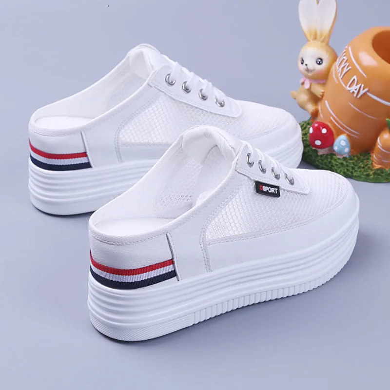 New Half Slippers Women Mesh Mules Summer Inner Heightening Outdoor Breathable Casual Shoes White Platform Slip On Sneakers 240618