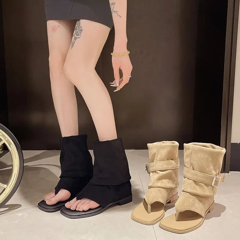 Summer Khaki Cowboy Boots Sexy Spice Chic Boho Boots Women Sandals Flip-flops Toe Suede Leather Pleated Womens Cool Boots 240618