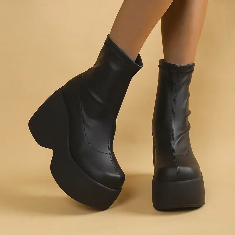 Martin Thick Sole Slope Heel Square Head Casual Elastic Fashion Short Boots Anti Slip Women Shoes 240618