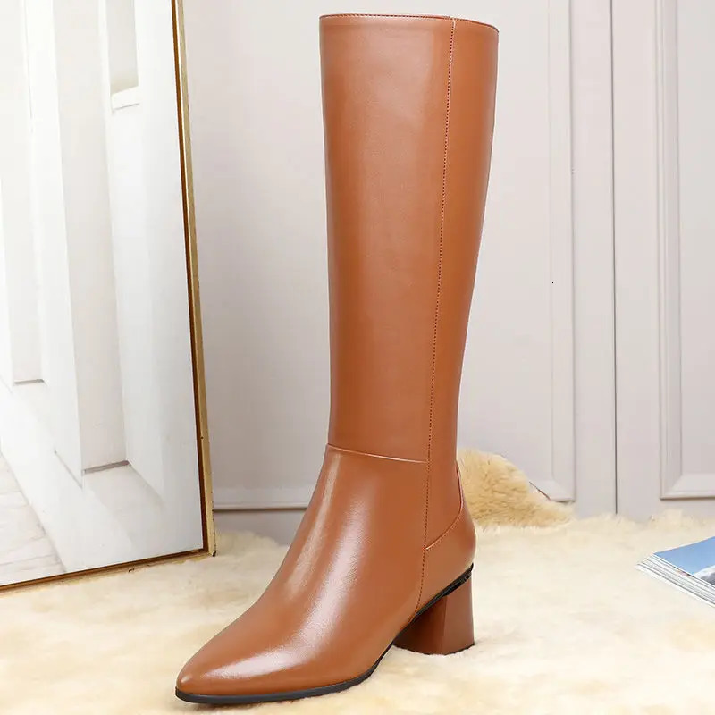 Shoes for Woman Long Winter Knee High Shaft Footwear Leather Womens Boots Fur Brown Pointed Toe Chic and Elegant Fashion 240618