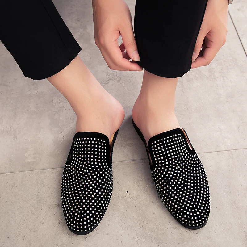 Glitter Rhinestone Leather Shoes Men Outerwear Half Mules Casual Slides Slippers Sandals Male Fashion Mocassins 240618
