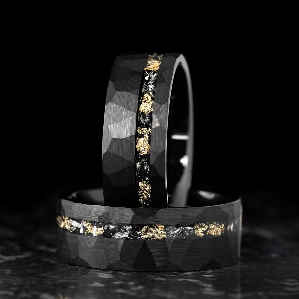 8mm Meteorite Gold Leaf Black Tungsten Carbide Rings For Men Wedding Engagement Band 240618