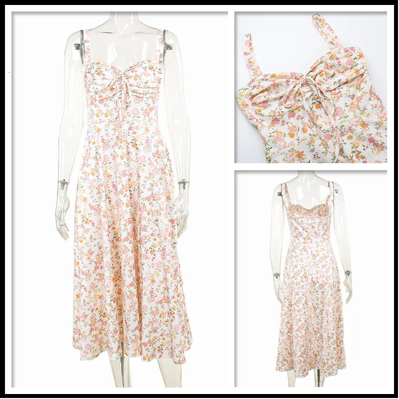 Basic Casual Dresses Townlike Waist Wrap Print A-line Midi Long Dress Women Spaghetti Strap 2024 Spring Summer Dress Backless Sexy Party Dresses 24061