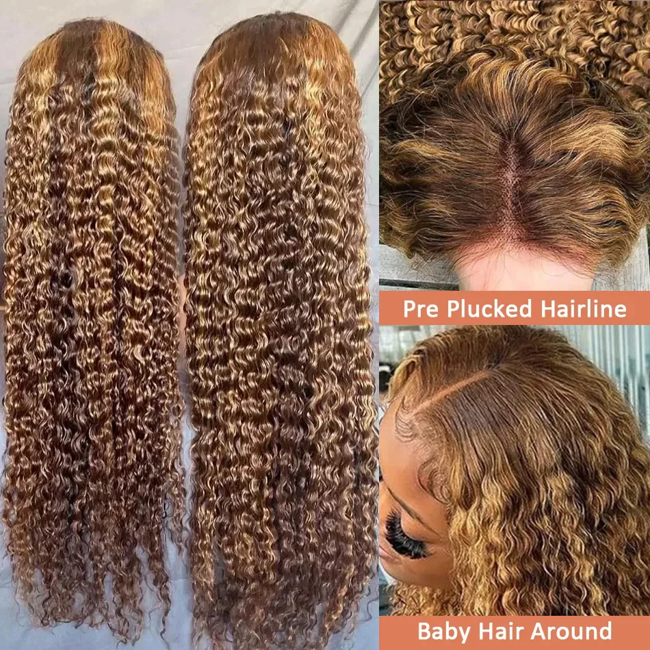 Curly Highlight Human Hair 13X4 13X6 Hd Wig Glueless 30 40 Inch Deep Water Wave Honey Blonde Lace Frontal Wigs Synthetic 250820