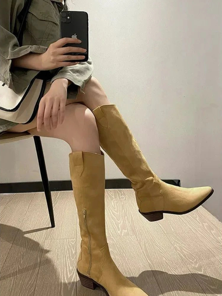 Footwear Cowboy Ladies Boots Winter Knee High Shaft Shoes for Women Western Long Denim Pointed Toe Punk Cowgirl Waterproof Work 240618