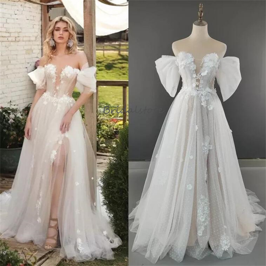 Fairy Gatsby Boho Wedding Dresses 2024 Cap Sleeves Front High Slit 3D Floral Flowers Bohemian Bridal Dress Corset Celtic Civil Bride Dress Custom Made