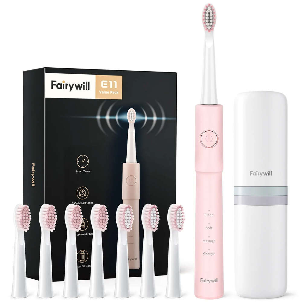 Fairywill Sonic E11 Waterproof USB Charge Rechargeable Electric Toothbrush 8 Brush Replacement Heads Adult F618-75