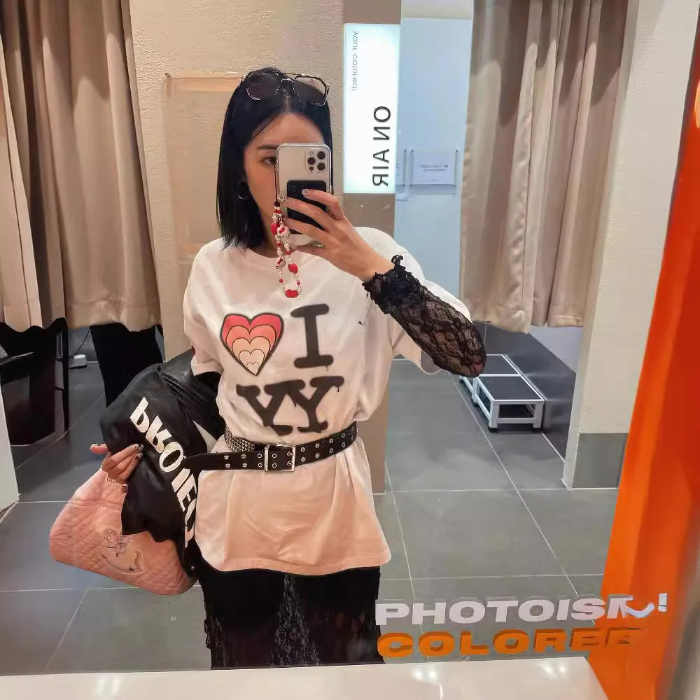 Heartshaped And Letter Print Loose Tshirt South Korea Song Zhiya Same Solid Color Short Sleeve Casual Top For Women 240617