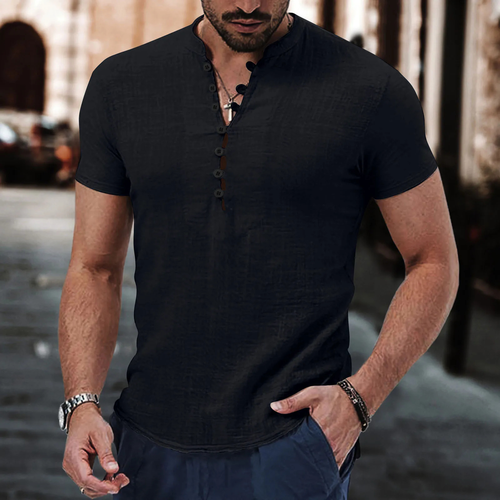 Mens retro cotton linen short-sleeved polo shirt Spring and autumn Henry collar T-shirt casual slim fashion mens shirt 240618