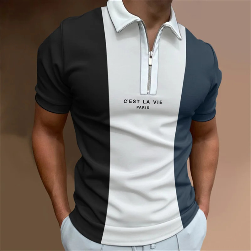 Mens Hawaiian Fashion Polo Shirt For Men Harajuku Summer Stripe Plaid Print T Shirt Zipped Lapel Golf Polo Top 2