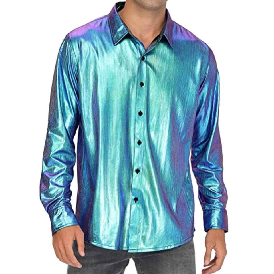 Mens Fashion Laser Shiny Shirts Casual Baggy Single Breasted Long Sleeve Solid Color Normal Shirt Tops Clothing 240615
