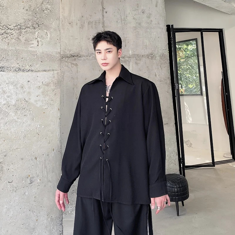 Men Strap Vintage Fashion Loose Casual Long Sleeve Shirts Male Japan Korean Net Celebrity Streetwear Shorts Blouses 240615